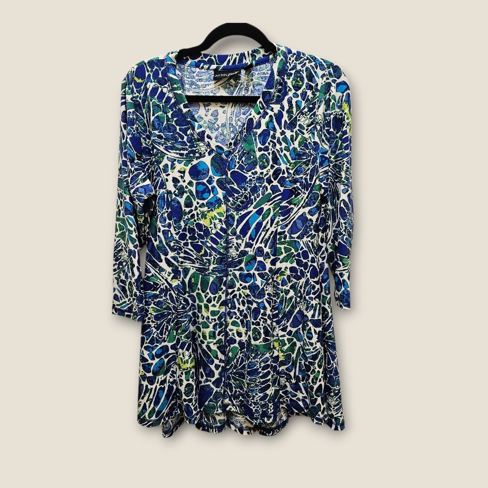 Attitudes by Renée Women's Medium Blue Green Print 3/4 Sleeve Dress